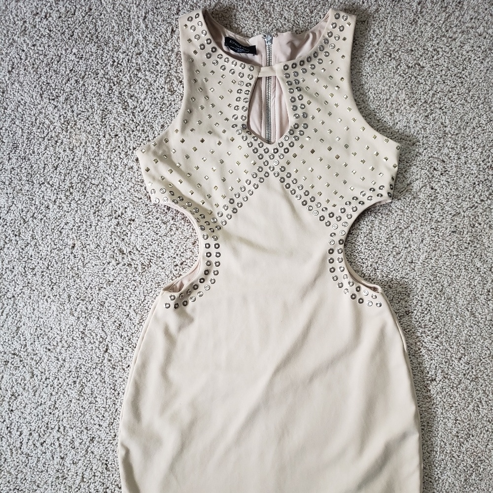 Bebe Nude Studded Cut Out Mini Dress